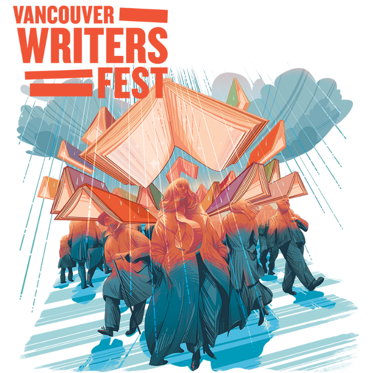Red and Blue Logo of Vancouver Writers Fest illustration with people under an open book block them from the rain