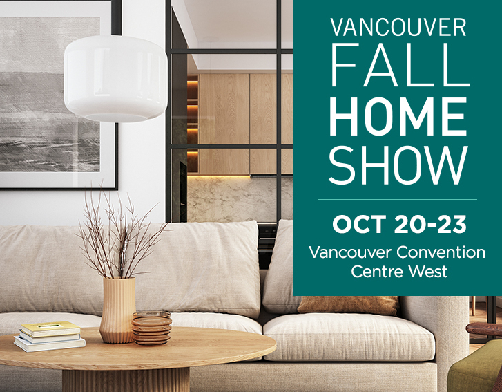 Living room with white couch and coffee table and Vancouver Fall Home Show details