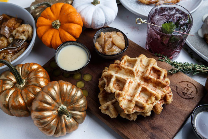 Belgium waffle and pumpkins with dips