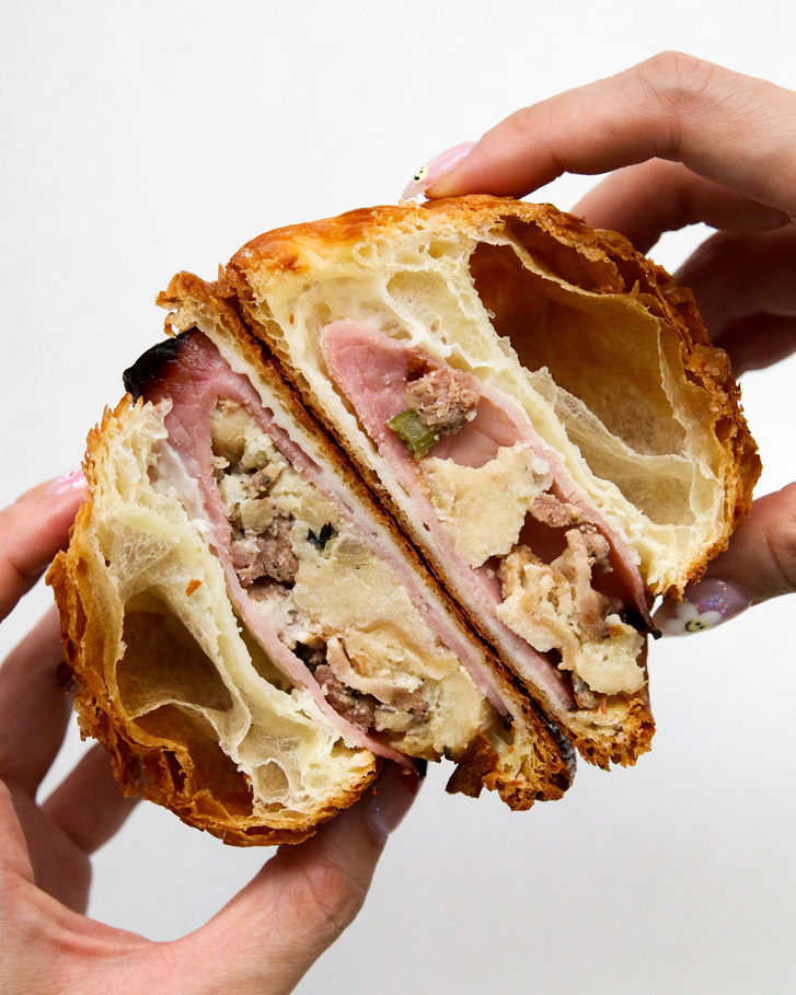 Close up of opened from the middle ham croissandwich