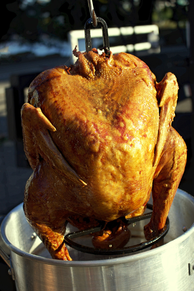Roast turkey going into a pot
