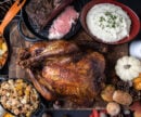 Dinner with Turkey and potatoes and stuffing with gourds for decoration