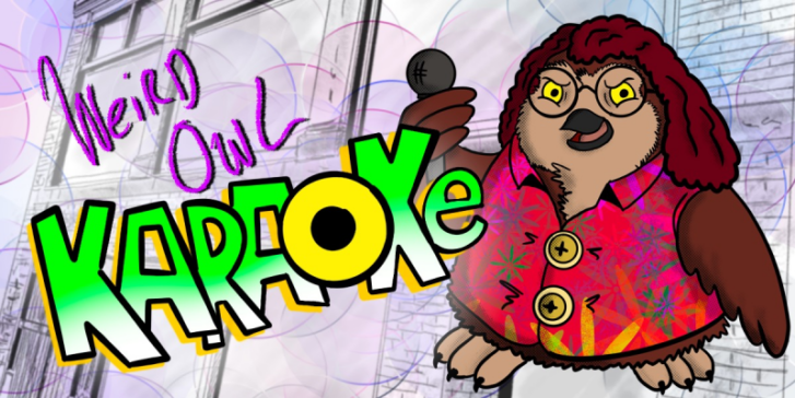 A cartoon illustration of a quirky owl with curly hair and glasses, holding a microphone. The owl is wearing a colourful Hawaiian shirt with a floral pattern. The background features a sketchy cityscape with colourful bubbles and the text 'Weird Owl Karaoke' is written in vibrant, playful fonts.