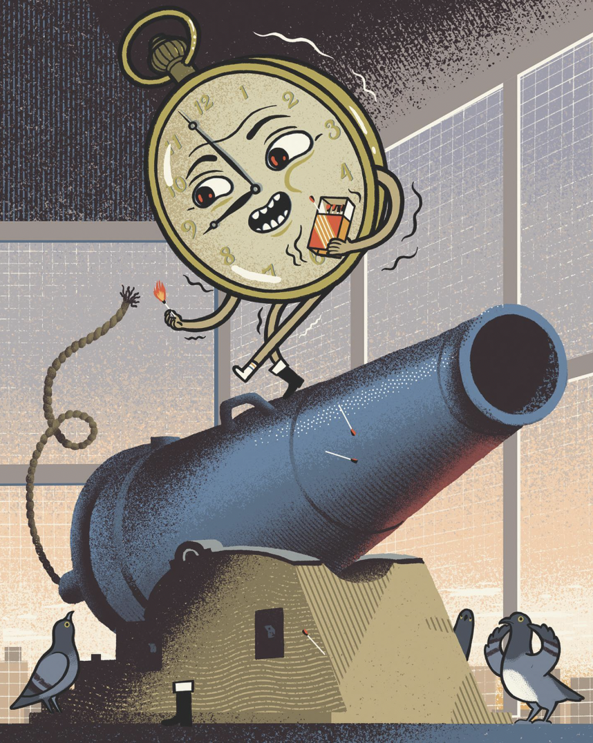 an illustration of a clock lighting a canon