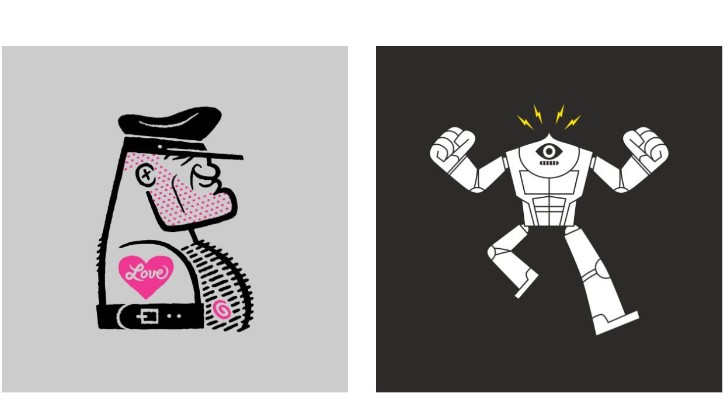 Two designs by Pork Pie, one is a leather daddy with a hat and a pink heart on the shoulder meanwhile the other is a robot 