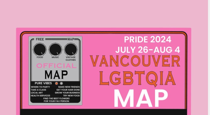 A pink backdrop in the form of an old cassette that says vancouver LGBTQIA Map