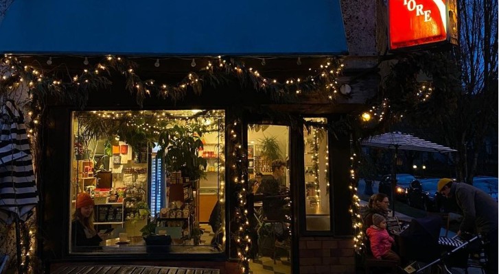 The ouside of the store, with fairy lights 