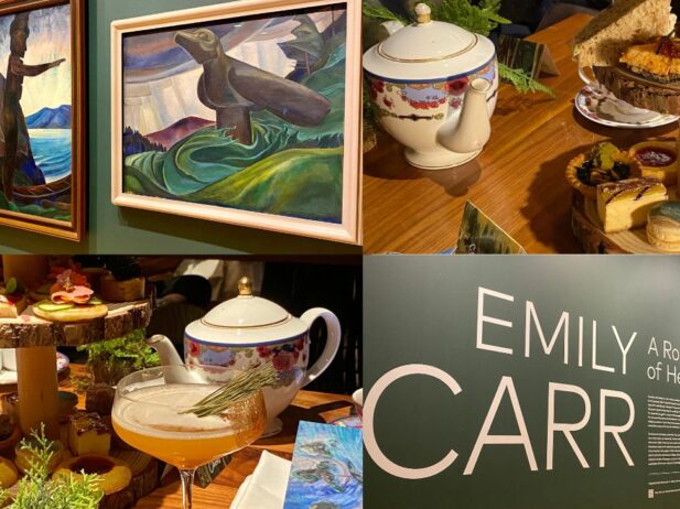 photo collage of Emily Carr exhibition walls and afternoon tea food and drinks