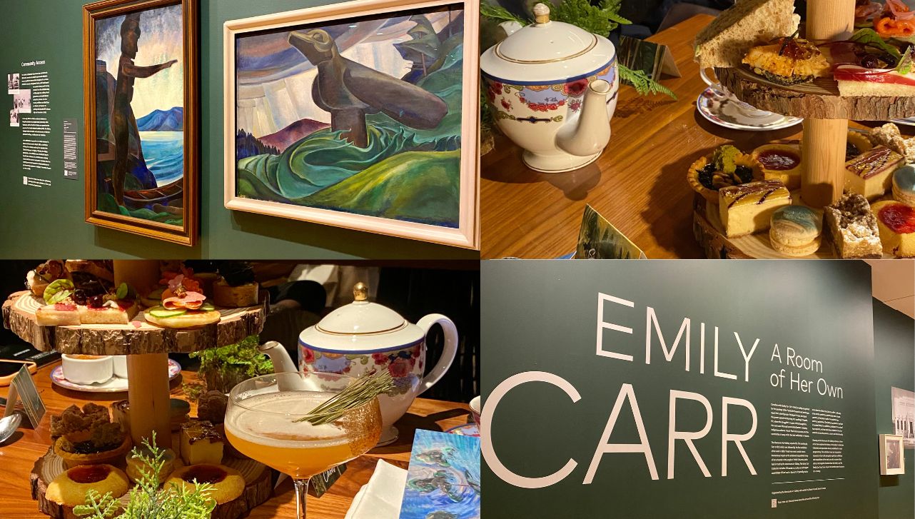 photo collage of Emily Carr exhibition walls and afternoon tea food and drinks