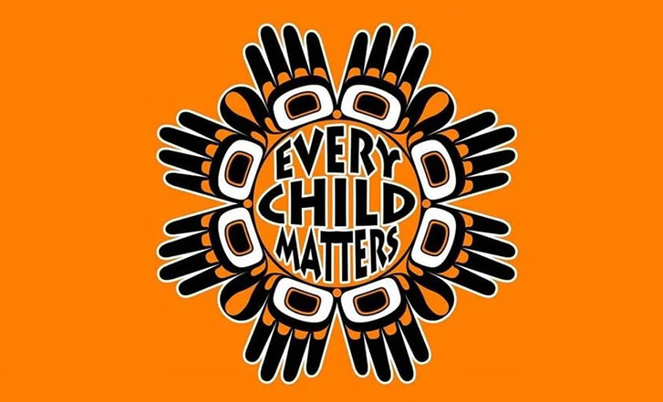 Black and white design of four pairs of hands surrounding the phrase “Every Child Matters” on orange background.