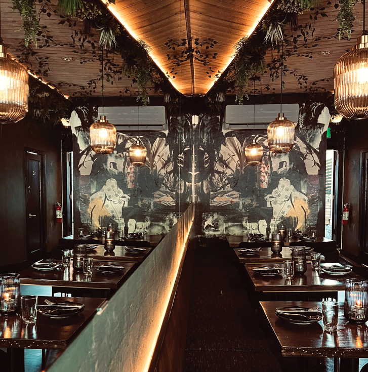 a beautiful room with moody lighting and greenery on the ceiling