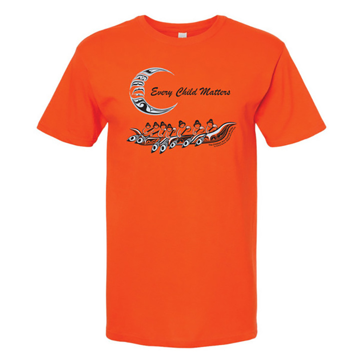 Orange shirt with a black and white design of many people paddling a canoe under a crescent moon.