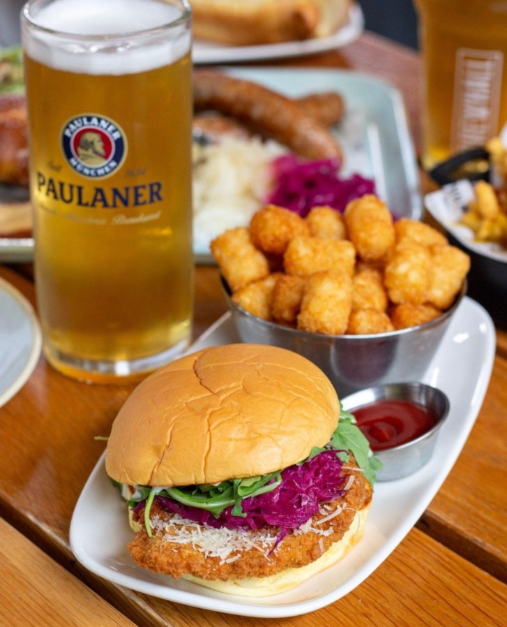 beer and a schnitzel burger