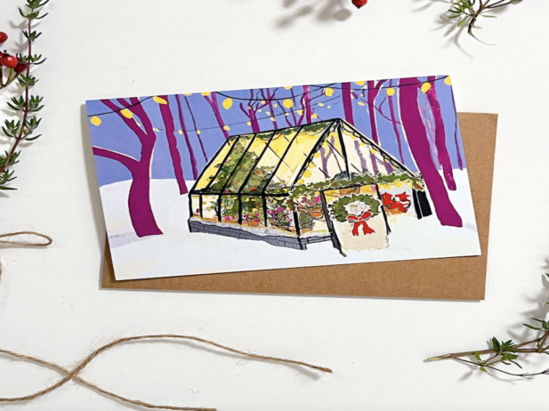 Sparking Christmas greenhouse card made by artist Lizz Miles.