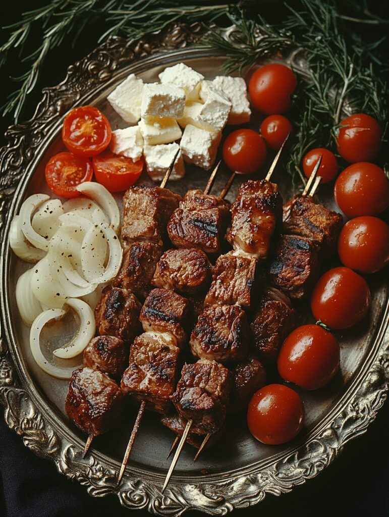 A platter of food showcasing roasted meat kebabs with baby tomatoes and feta cheese on the side. 