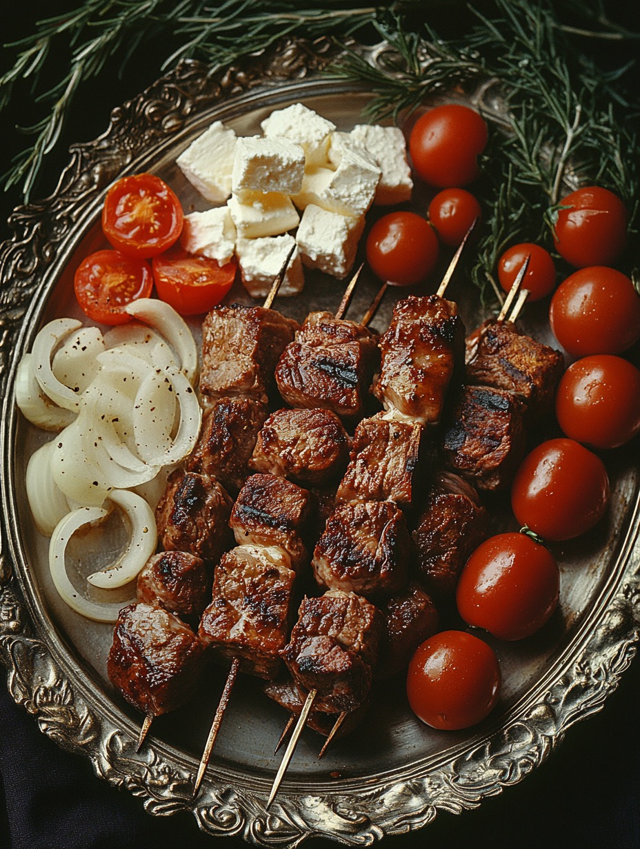 A platter of food showcasing roasted meat kebabs with baby tomatoes and feta cheese on the side.