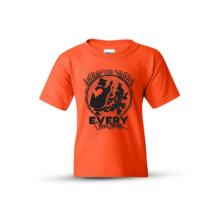 Orange shirt with black design of two Indigenous dancers.