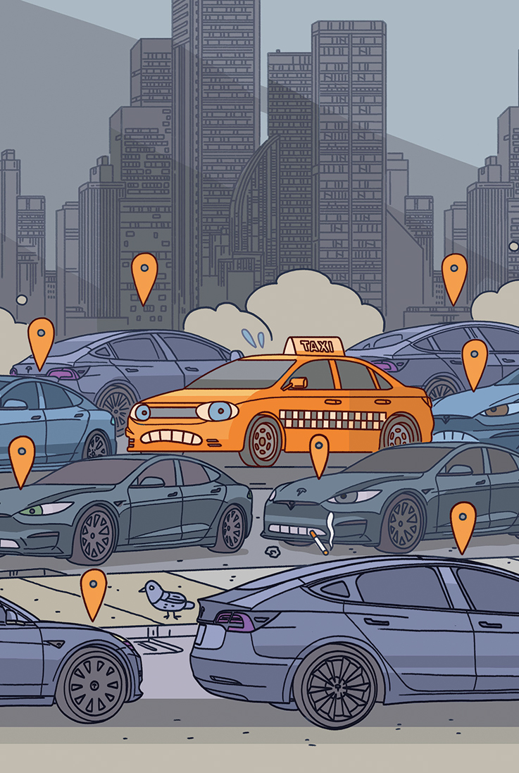 an illustration of an anthropomorphic taxi surrounded by ubers, looking worried