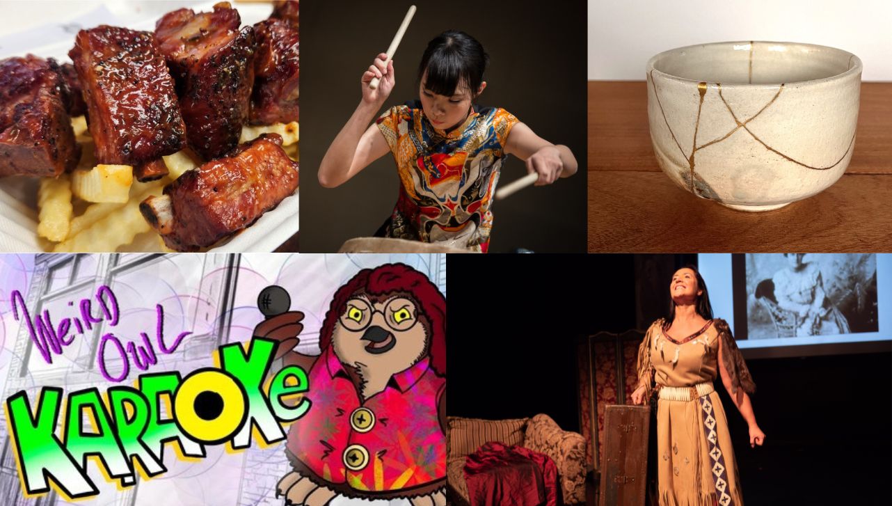 A collage featuring five images. Top left: a plate of glazed ribs on fries. Top center: a woman in a colourful dress performing a drumming act. Top right: a ceramic bowl with gold repair lines (Kintsugi). Bottom left: a colourful cartoon of an owl holding a microphone with the text 'Weird Owl Karaoke.' Bottom right: a woman in traditional attire on stage with a vintage photograph in the background.