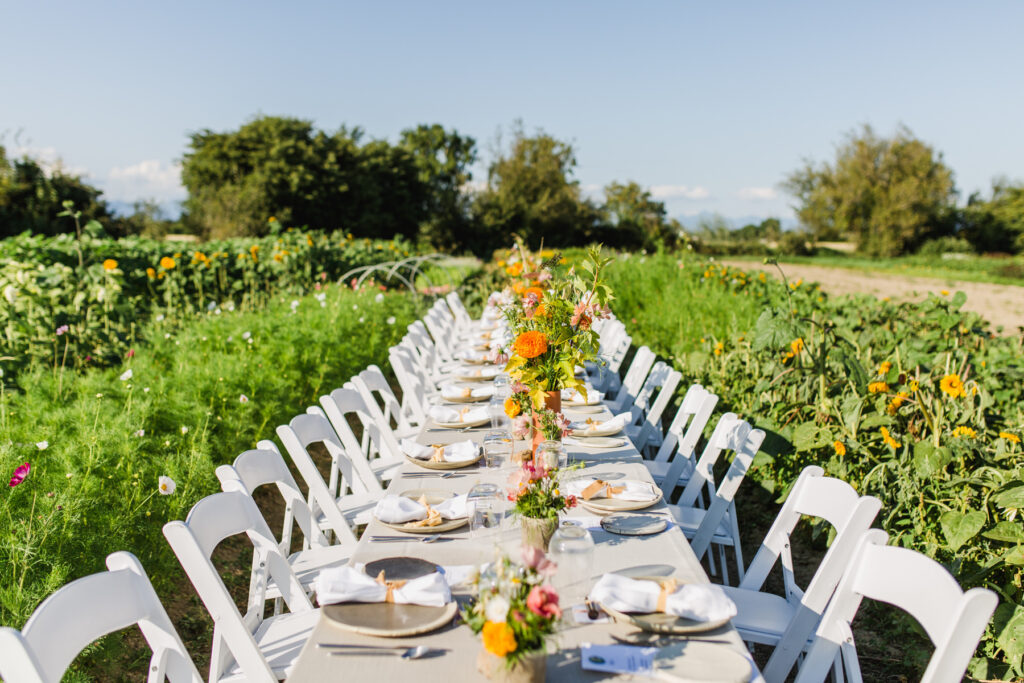 A long table set with fresh flowers in a verdant green field.