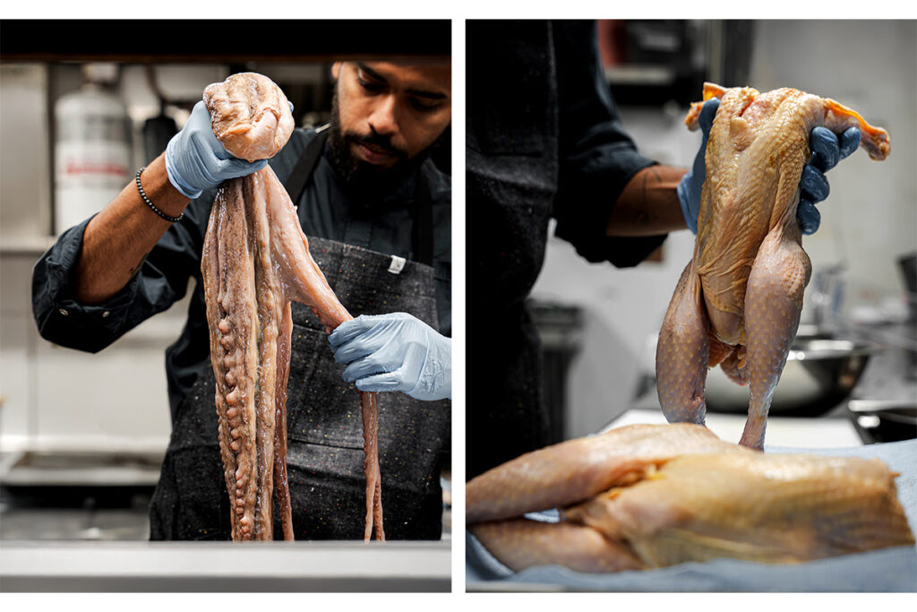 Two photos of raw ingredients -- octopus and chicken carcasses -- being prepared for a feast.