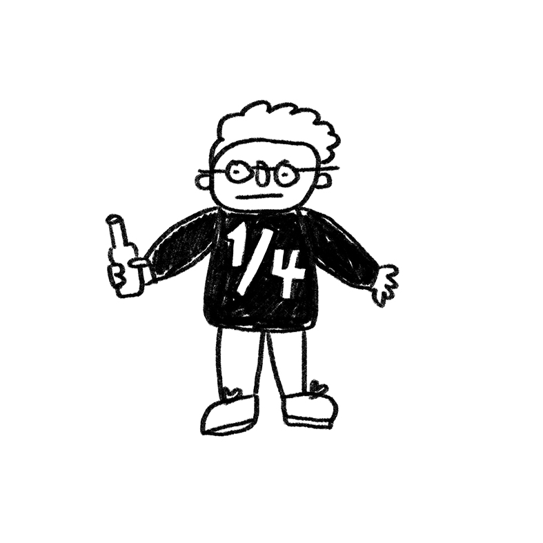 illustration of person wearing sweater that says 1/4