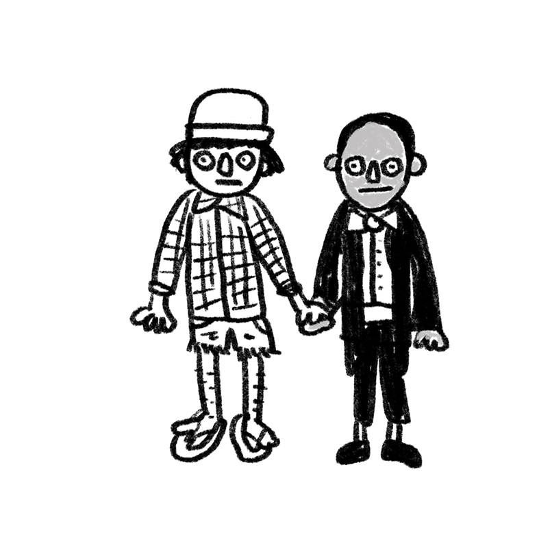 an illustration of a couple holding hands, one dressed shabbily and the other in a tuxedo 