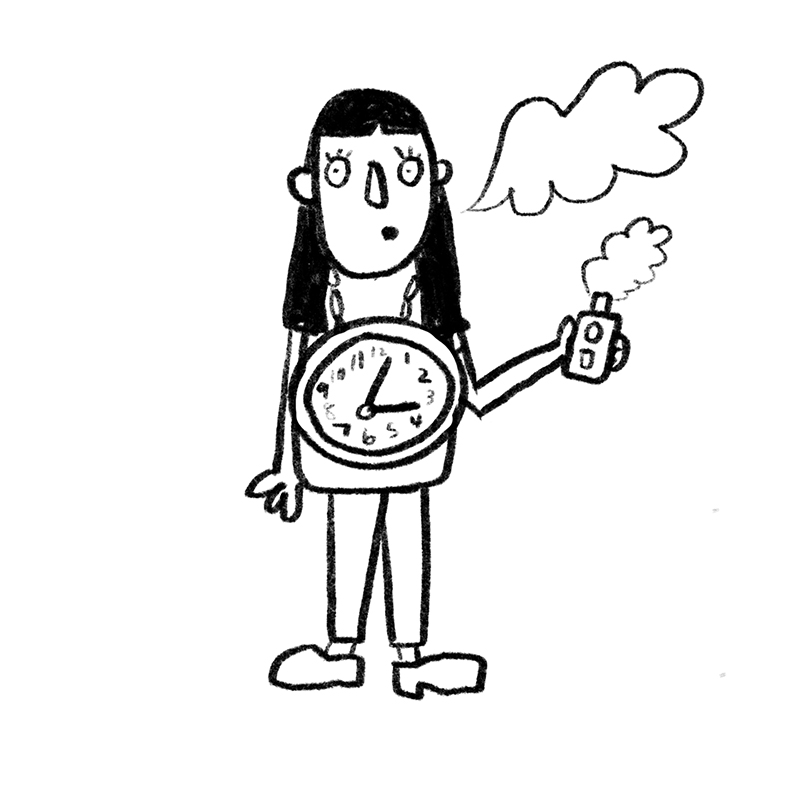 illustration of woman vaping wearing a clock around her neck 