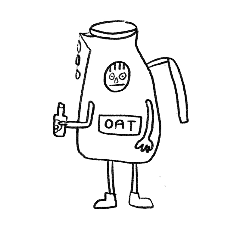 drawing of man in oat milk jug 