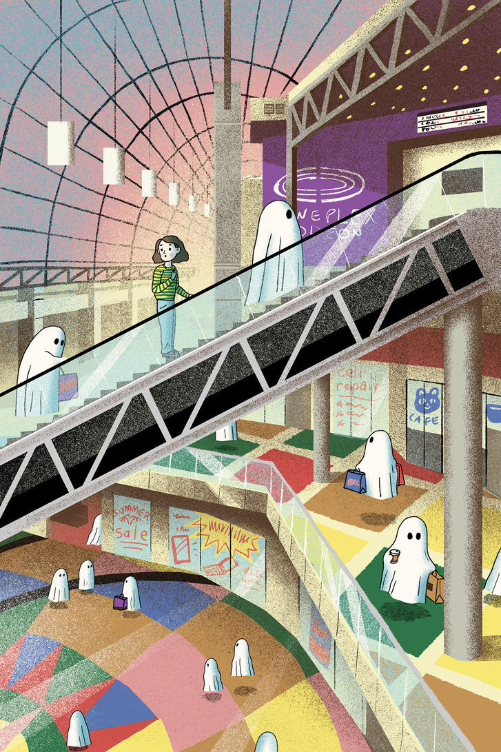 illustration of a woman riding an escalator in international village mall, surrounded by cartoon ghosts